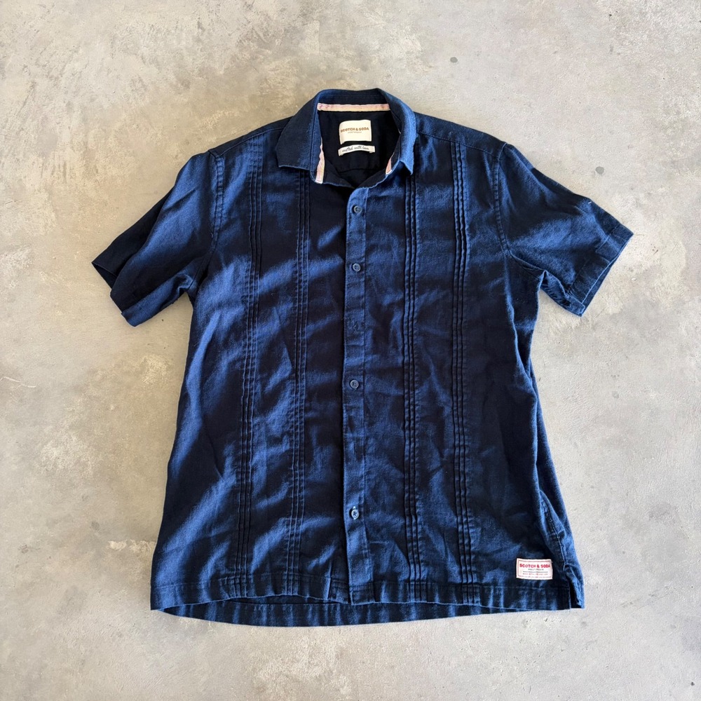 Scotch & Soda Mens Navy Blue Linen Blend Pintuck Short Sleeve Button Down Shirt